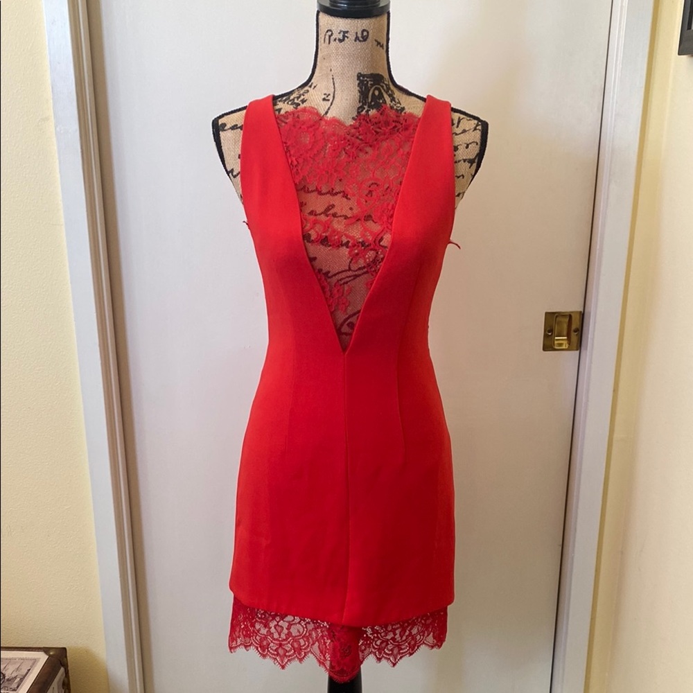 Women's Red Lace Inset V-Neck Dress